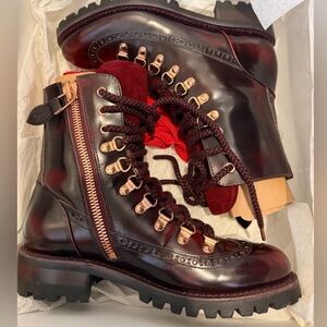 Burgundy Leather Lace-Up Combat Boots with Gold Hardware